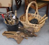 Two vintage cast-iron bench vices; & various vintage hand tools.
