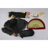 A vintage ostrich (Black) feather fan with a Harrods box; & another vintage fan mounted on a display