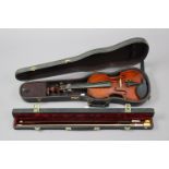 An American(?) violin, circa 1920s, 23½” long, cased; & two violin bows, part w.a.f., with case.