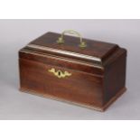 A George III mahogany tea caddy of rectangular form with brass swing handle & shaped escutcheon,