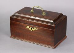 A George III mahogany tea caddy of rectangular form with brass swing handle & shaped escutcheon,