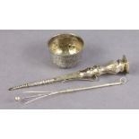 A silver engraved posy-holder, 5¾” long (hallmarks rubbed); a white-metal engraved wine-taster,