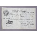 A Bank of England white £5 note dated 17th Jan 1951, P.S. Beale Chief Cashier, serial No. 009958.