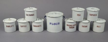 Ten white enamelled kitchen storage jars (various sizes).