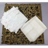 A vintage lace-trimmed linen tablecloth; a damask tablecloth; & a vintage crochet-work counterpane.