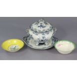 A Ridgeways blue and white “cowslip” two-handled circular tureen & stand, 10” diameter; & two