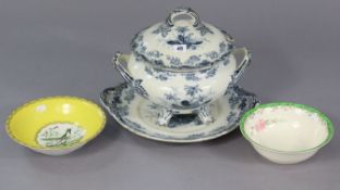 A Ridgeways blue and white “cowslip” two-handled circular tureen & stand, 10” diameter; & two