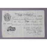 A Bank of England white £5 note dated 28th Dec 1950, P.S. Beale Chief Cashier, serial No. 040623.