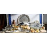 A silver-plated domed meat dish cover; two pairs of plated dwarf candlesticks; various other items