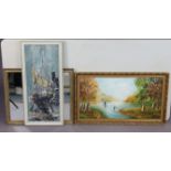 A gilt frame rectangular wall mirror, 20¼” x 24½”; together with various decorative pictures.