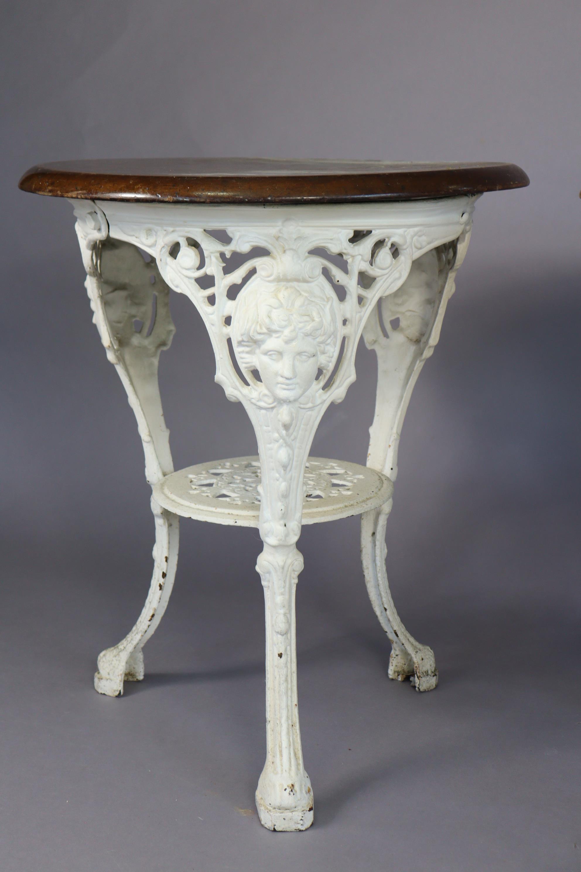 Two white painted cast-iron “Britannia” pub tables, each with a wooden top, 23½” diameter x 28” - Image 3 of 5
