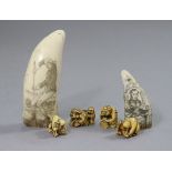 Four simulated ivory netsukes; & two faux scrimshaws.