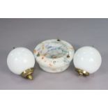 A mottled glass ceiling light shade, 12” diameter; & a pair of white opaque globular ceiling light