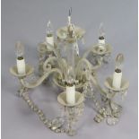 A VIctorian-style glass five-branch chandelier hung with prism drops & strands-of-beads, w.a.f. 19”