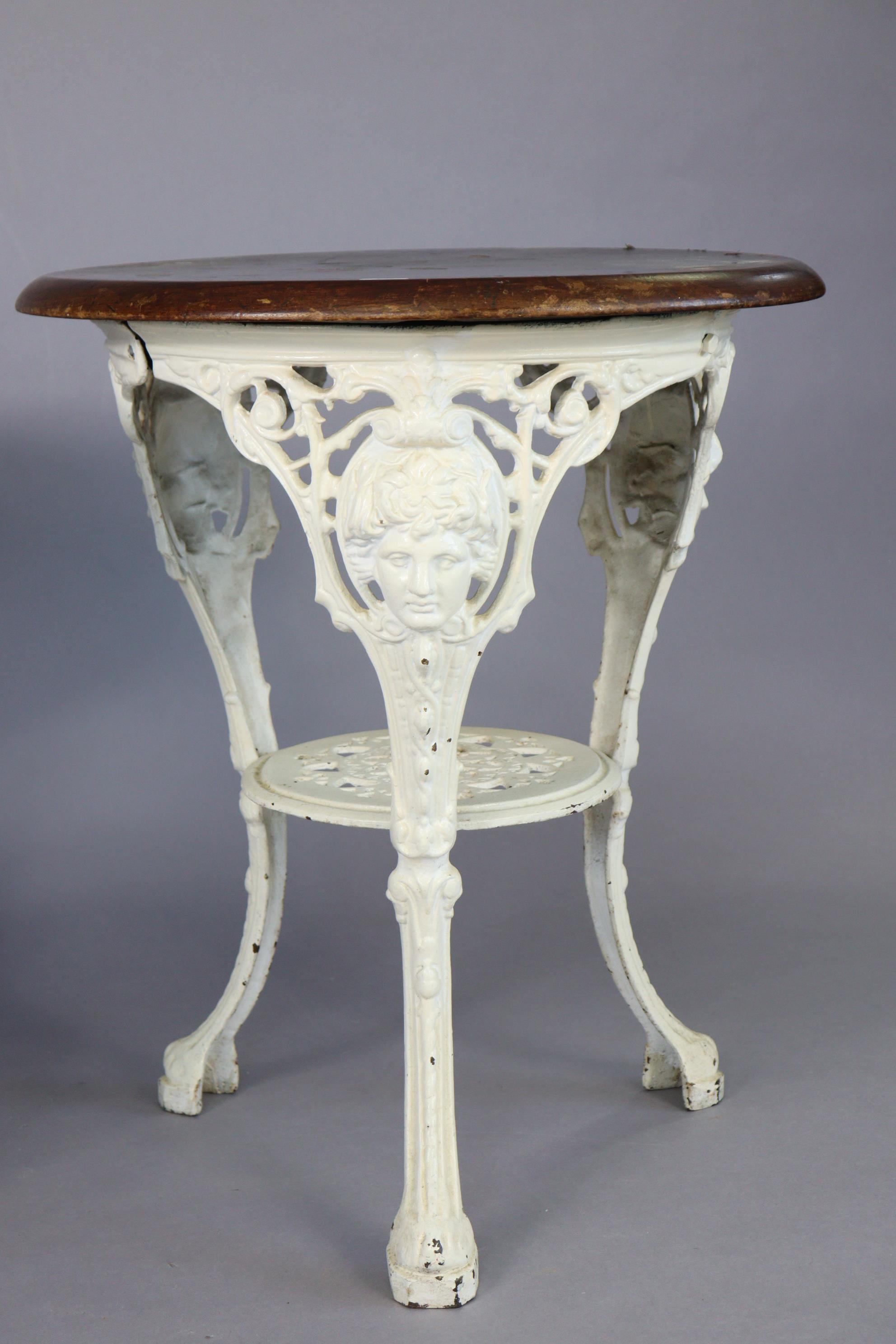 Two white painted cast-iron “Britannia” pub tables, each with a wooden top, 23½” diameter x 28” - Image 2 of 5