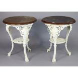 Two white painted cast-iron “Britannia” pub tables, each with a wooden top, 23½” diameter x 28”