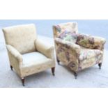 Two Edwardian square-back armchairs, each on short square tapered legs with castors.