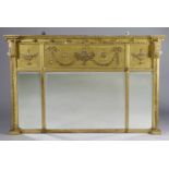 A regency giltwood triple-panel overmantel mirror with classical urn & swags to the frieze, 111cm