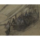 SIR FRANK BRANGWYN, R.A. (1867-1956). Figures in an Arab dhow. Charcoal on paper heightened with