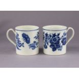 A pair of 18th century Caughley porcelain coffee cans, each with blue transfer printed “Three