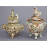 Two late 19th century Japanese satsuma pottery Koro, one with finely painted scenes of warriors in