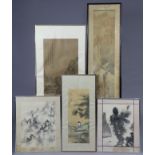 Five various 20th century Chinese landscape paintings in ink & watercolour on paper/silk, each