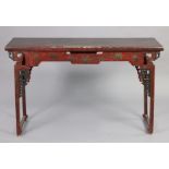 A 19th century CHINESE RED & POLYCHROME LAQUER PINE ALTAR TABLE, the rectangular top with