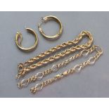 A 9ct. gold rope-twist bracelet; another of curbs & lozenge links (broken); & a pair of 9ct. hoop