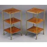 A PAIR OF 20th century EXOTIC HARDWOOD & BRASS ETAGÉRES IN THE MANNER OF MALLETT, each of three squa