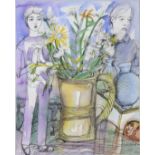SYLVETTE DAVID (LYDIA CORBETT, b. 1934) Room interior with figures conversing, a pot of flowers &