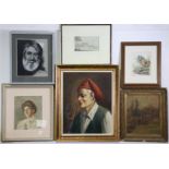 A group of seven various 19th & 20th century watercolours, sketches, oils & portraits, all framed.