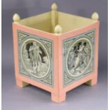 A 19th century Minton pottery square jardiniere of pink ground with cream interior, each side