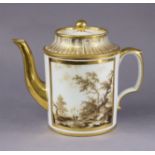 An early 19th century Paris porcelain cylindrical teapot, each side with finely painted sepia