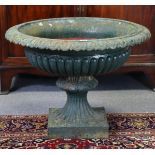 A VICTORIAN CAST IRON GARDEN URN, of tazza form with egg-&-dart rim & gadrooned body, on fluted
