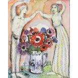 SYLVETTE DAVID (LYDIA CORBETT, b. 1934) Figures dancing around a vase of flowers, Watercolour,