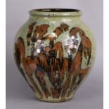 A studio pottery baluster vase with splashed tenmoku glaze on a speckled ground, 24cm, impressed