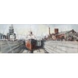 ANTHONY AMOS (Bristol, 1950-2010) “Drydock”, Oil on canvas: 19.5cm x 50cm, signed, inscribed & dated