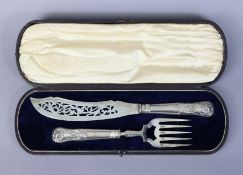 A pair of Victorian silver fish servers with pierced blades & loaded King’s honeysuckle handles;