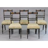 A set of five late Victorian carved ebonised & gold painted spindle-back occasional chairs each with