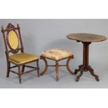 A Victorian mahogany square stool on carved scroll legs; 40cm wide x 40cm high; a similar side chair