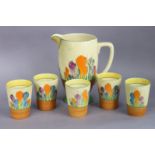 A Clarice Cliff “Crocus” pattern pottery lemonade set comprising a jug & set of five beakers, 20cm &