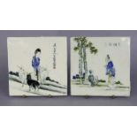 A pair of Chinese 5” square tiles with painted famille verte rural figure scenes, each inscribed &