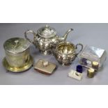 A Victorian silver-plated & engraved melon-shaped teapot & sugar bowl; a cylindrical biscuit box;
