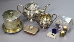 A Victorian silver-plated & engraved melon-shaped teapot & sugar bowl; a cylindrical biscuit box;