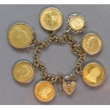 A 9ct. gold bracelet of double wire links & padlock clasp, with seven pendant gold coins: A George