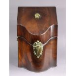 A George III figured mahogany knife box with brass handles & escutcheon, inlaid decoration to