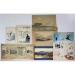 A collection of unframed late 19th & 20th century watercolours, humorous drawings, prints &