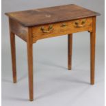 A George III mahogany & oak side table with moulded overhang edge above a frieze drawer with brass