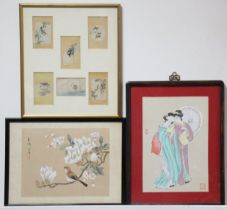 A Chinese painting on silk depicting sparrow amongst magnolia branches, & a Japanese watercolour of
