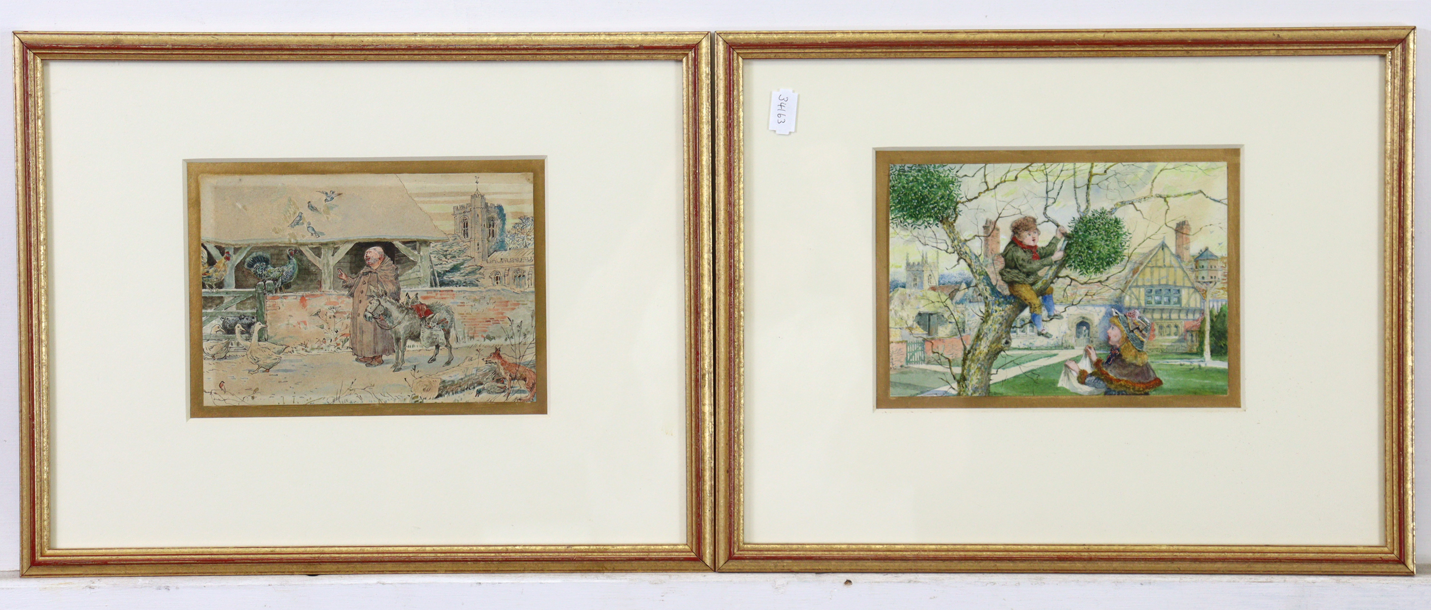 A pair of naïve watercolour sketches of children picking mistletoe, & a friar with animals at a - Image 3 of 3